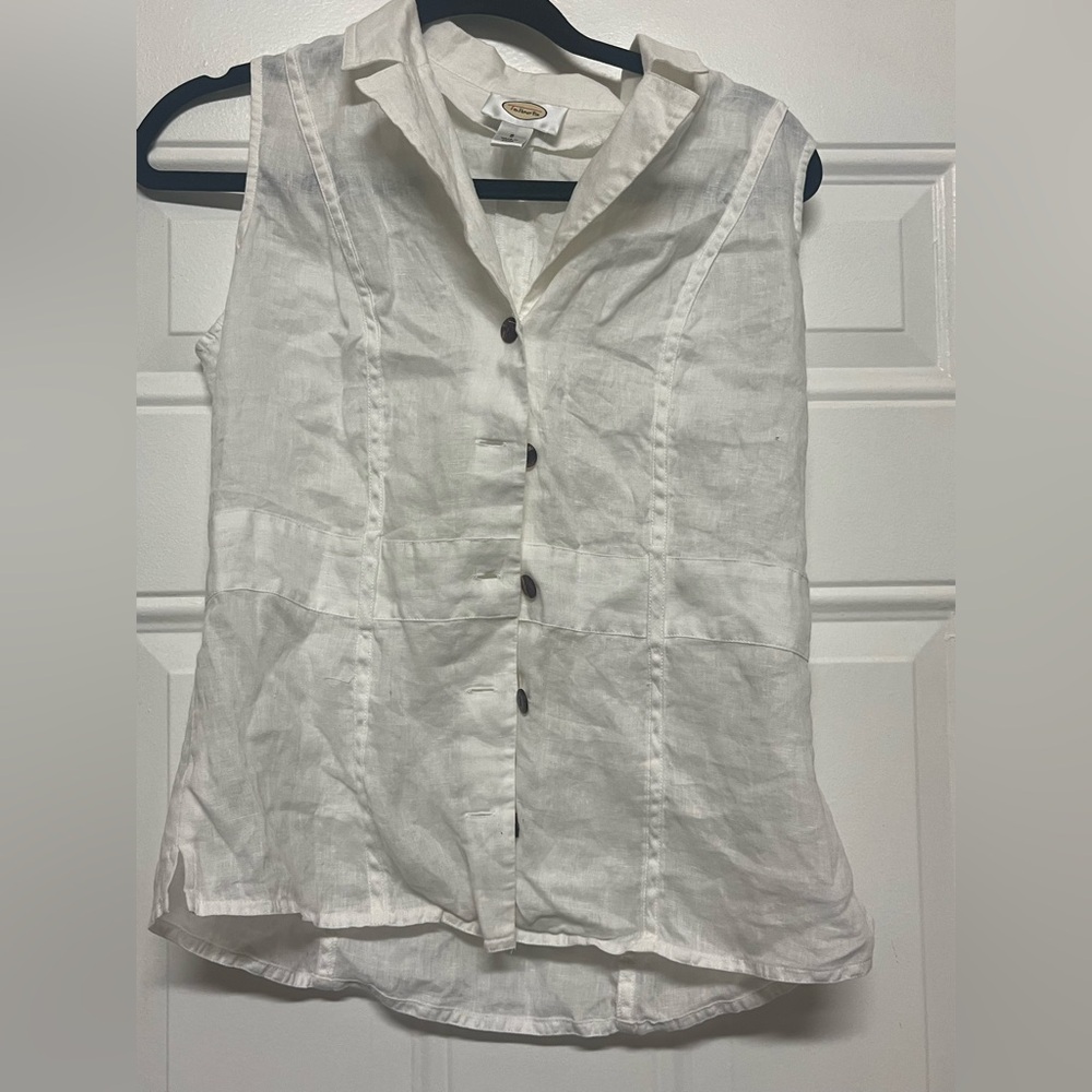 Talbots White Sleeveless Linen Button-Up Blouse